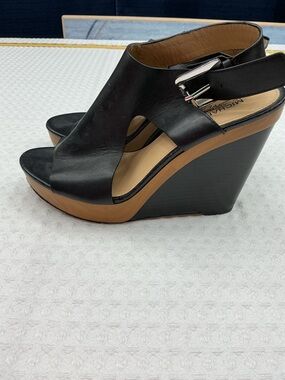 Michael Kors Black Leather Wedge Sandals with Tan Platform